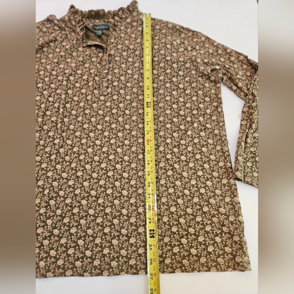 Lauren ralph lauren sz2X brown cotton floral 1/4 button up blouse ruffled neck - Picture 5 of 10